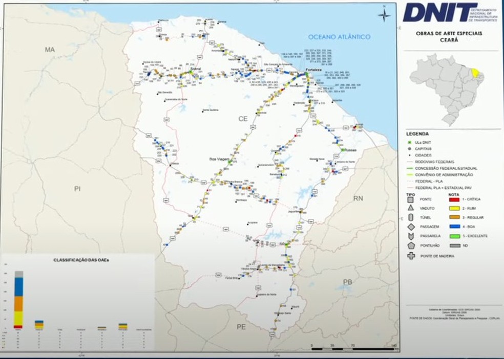 Mapa mostra dezenas de pontes no Ceará em más condições de conservação — Foto: Dnit/Reprodução
