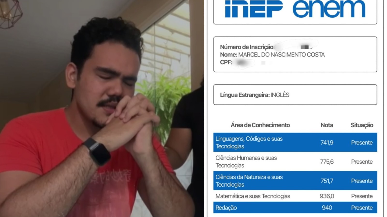 Aluno que levou mais de 6 lanches para prova do Enem grava reação da família ao ver nota: 'meu Deus, obrigada'