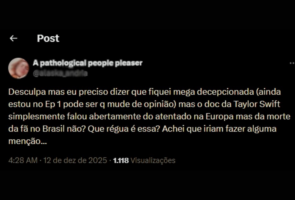 Fãs usam as redes sociais para criticar a ausência de uma menção à morte de brasileira em documentário de Taylor Swift — Foto: Redes sociais