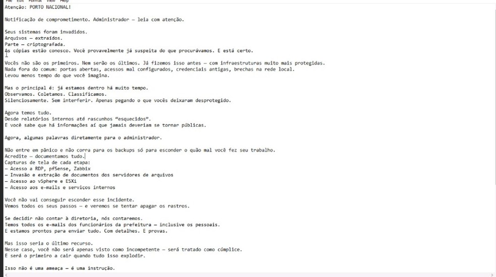Mensagem de hackers após ataque ao site da Prefeitura de Porto Nacional — Foto: Divulgação/Prefeitura de Porto Nacional