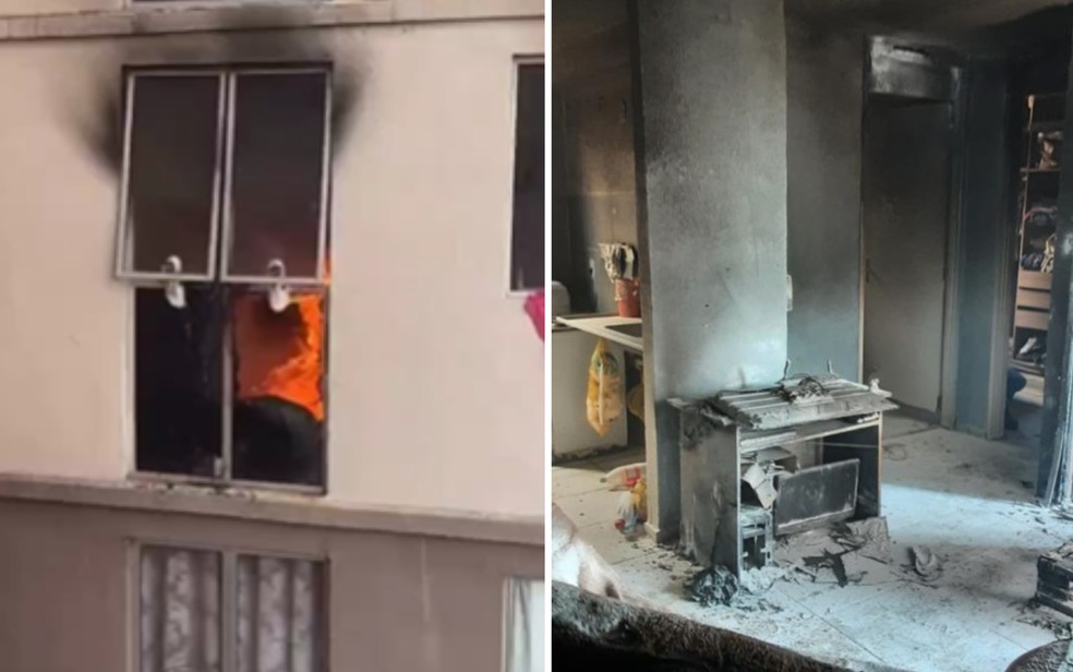 Apartamento em chamas após incêndio criminoso, em Goiânia — Foto: Divulgação/Polícia Militar