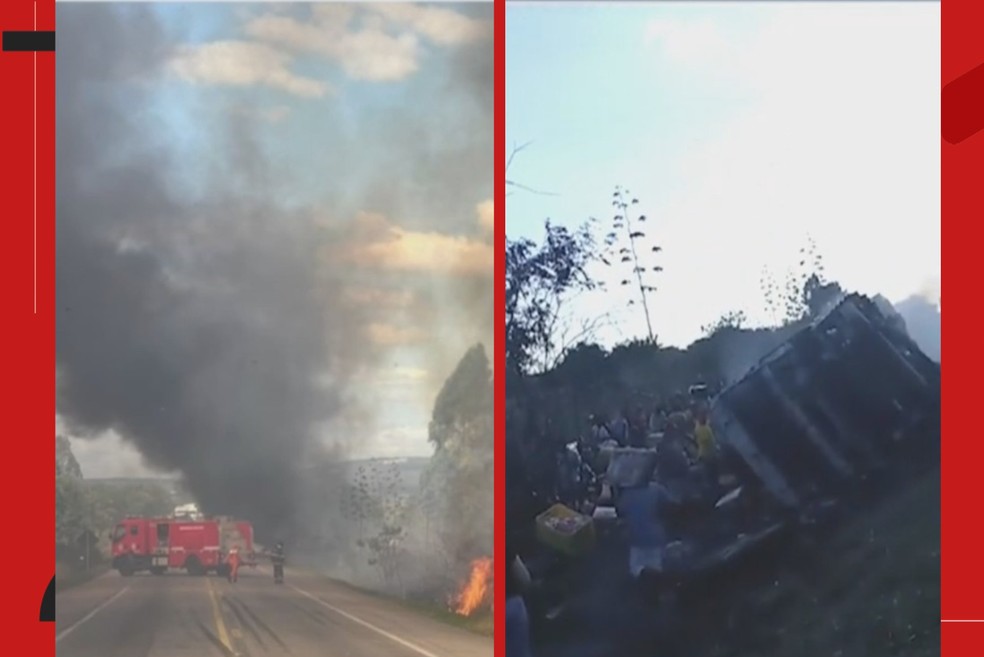 Caminhão frigorífico tombou e pegou fogo ano sudoeste da Bahia — Foto: Reprodução/TV Sudoeste