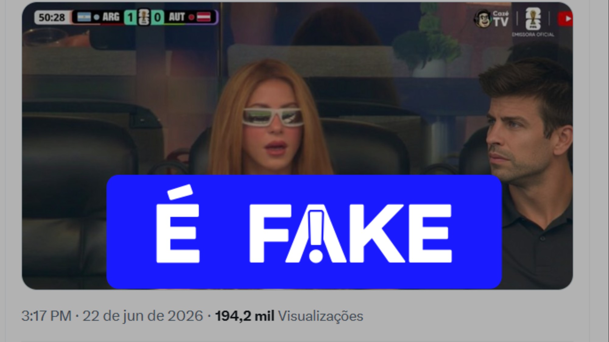 É #FAKE que foto mostre Shakira com Piqué na arquibancada de Argentina x Áustria na Copa; imagem foi manipulada por IA