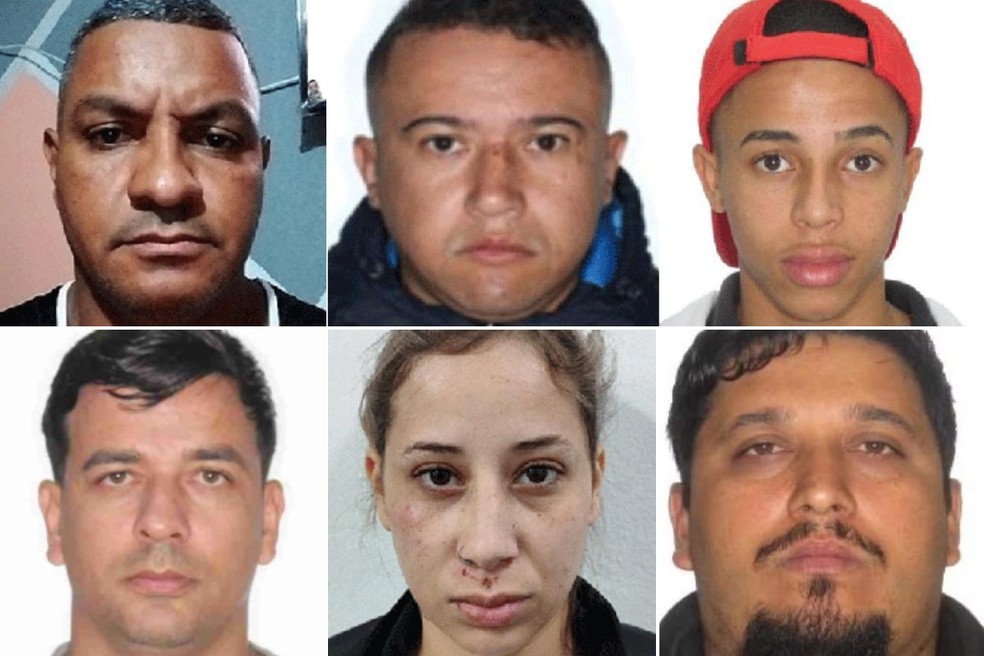 Na parte de cima, os foragidos Luis Antonio Rodrigues de Miranda, Felipe Avelino da Silva e Flávio Henrique Ferreira de Souza. Na parte de baixo, os presos Rafael Marcell Dias Simões, Dahesly Oliveira Pires e Luiz Henrique Santos Batista — Foto: Polícia Civil/Divulgação