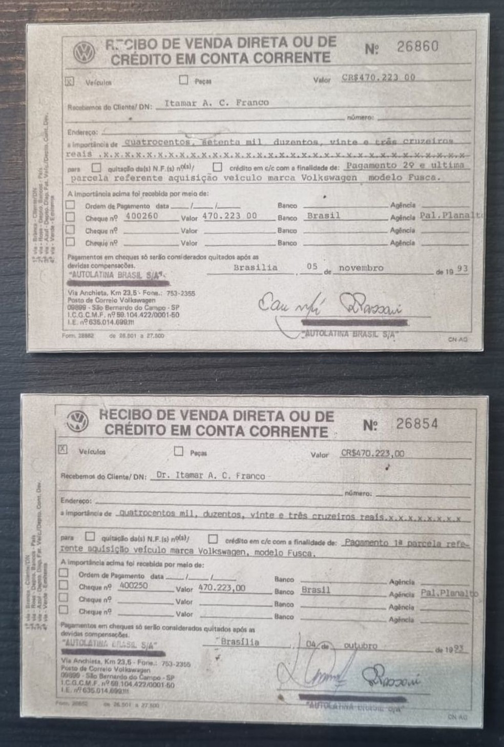 Nota fiscal do fusca comprado por Itamar Franco em 1993 — Foto: Memorial da República/Divulgação 