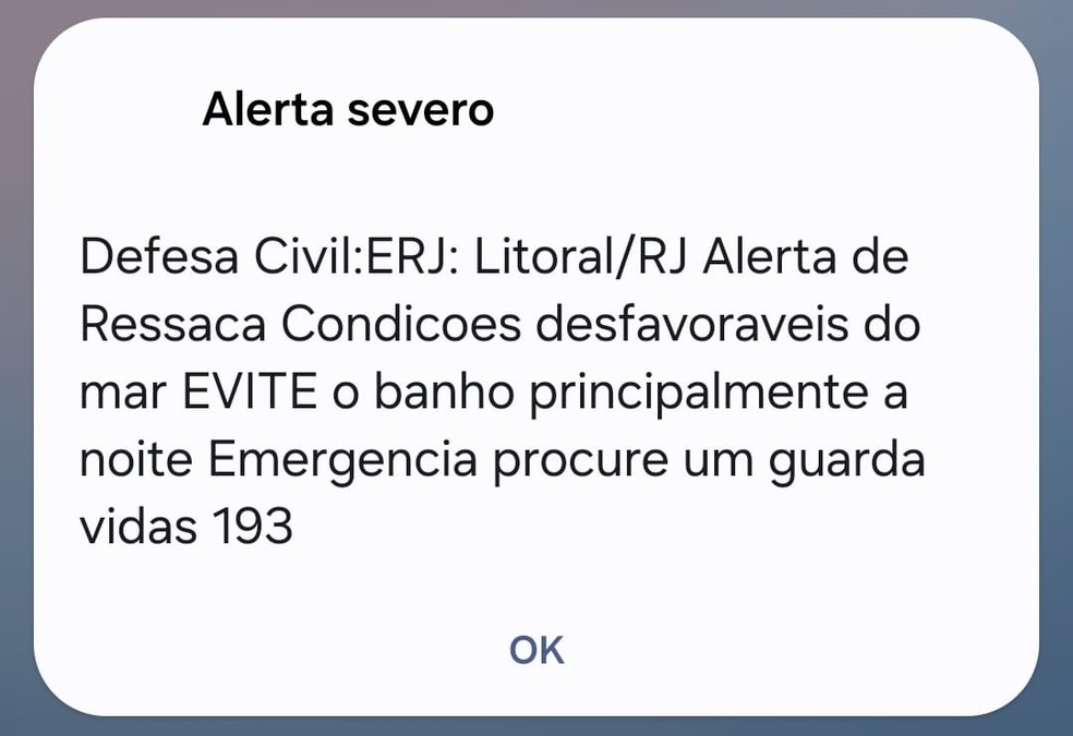 Alerta da Defesa Civil do RJ sobre a ressaca — Foto: Reprodução