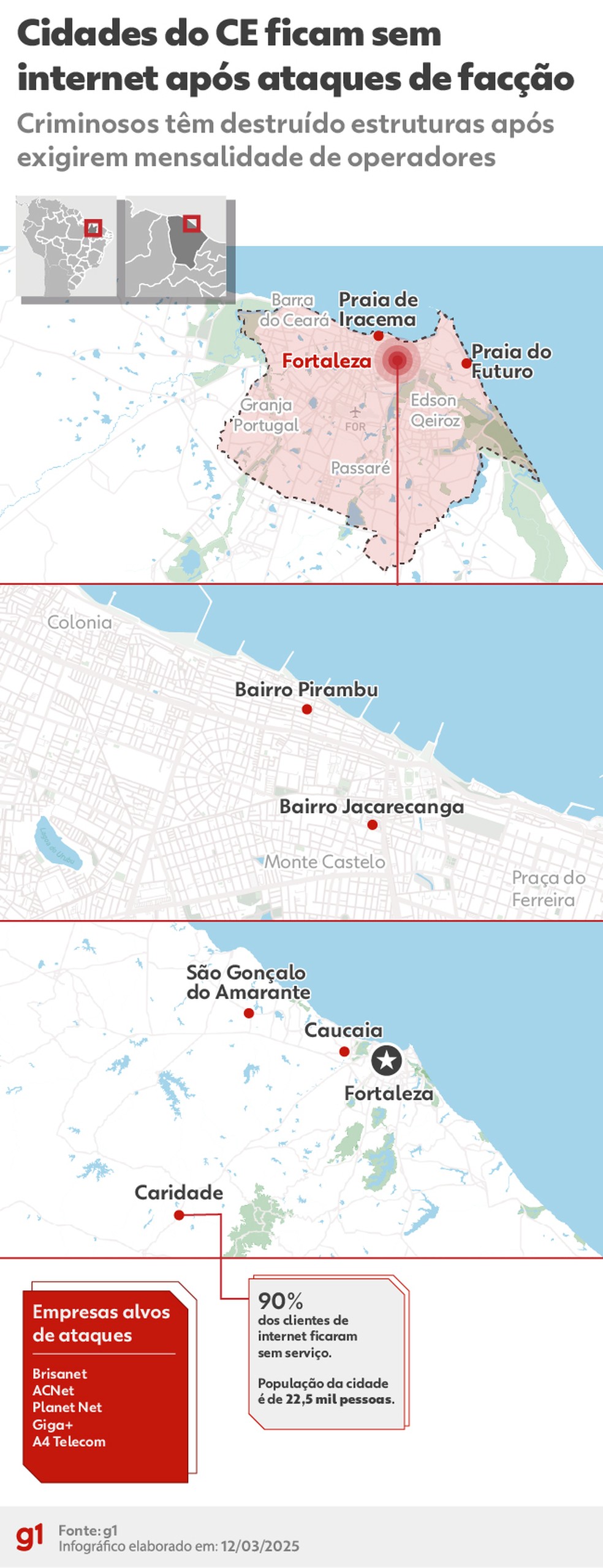 Arte mostra mapa com locais que ficaram sem internet após ataques de facções no Ceará — Foto: Arte/g1