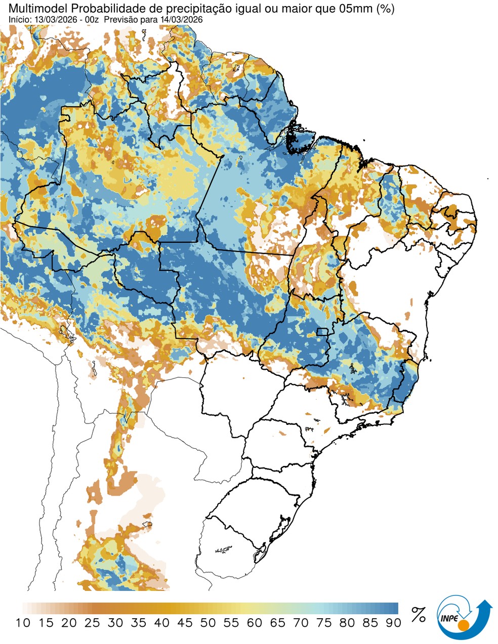 Previsão de chuva neste sábado em todo o país. — Foto: CPTEC/Inpe