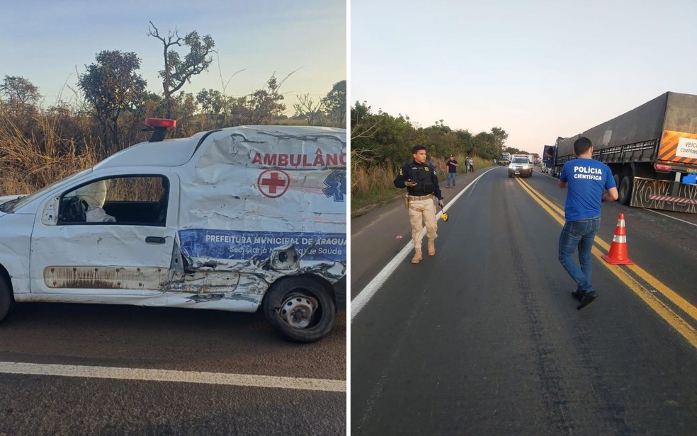 Lateral da ambulância que foi atingida por caminhões — Foto: — Fotos: Divulgação/PRF e Polícia Técnco-Científica