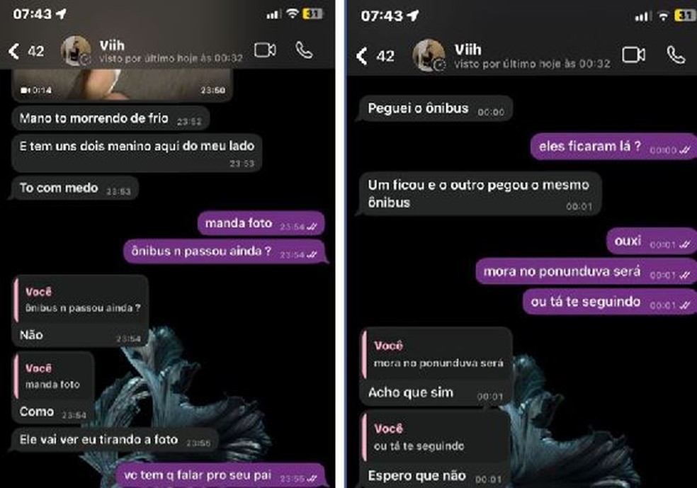 Vitoria conversou por mensagens de WhatsApp com amiga antes de desaparecer — Foto: Reprodução