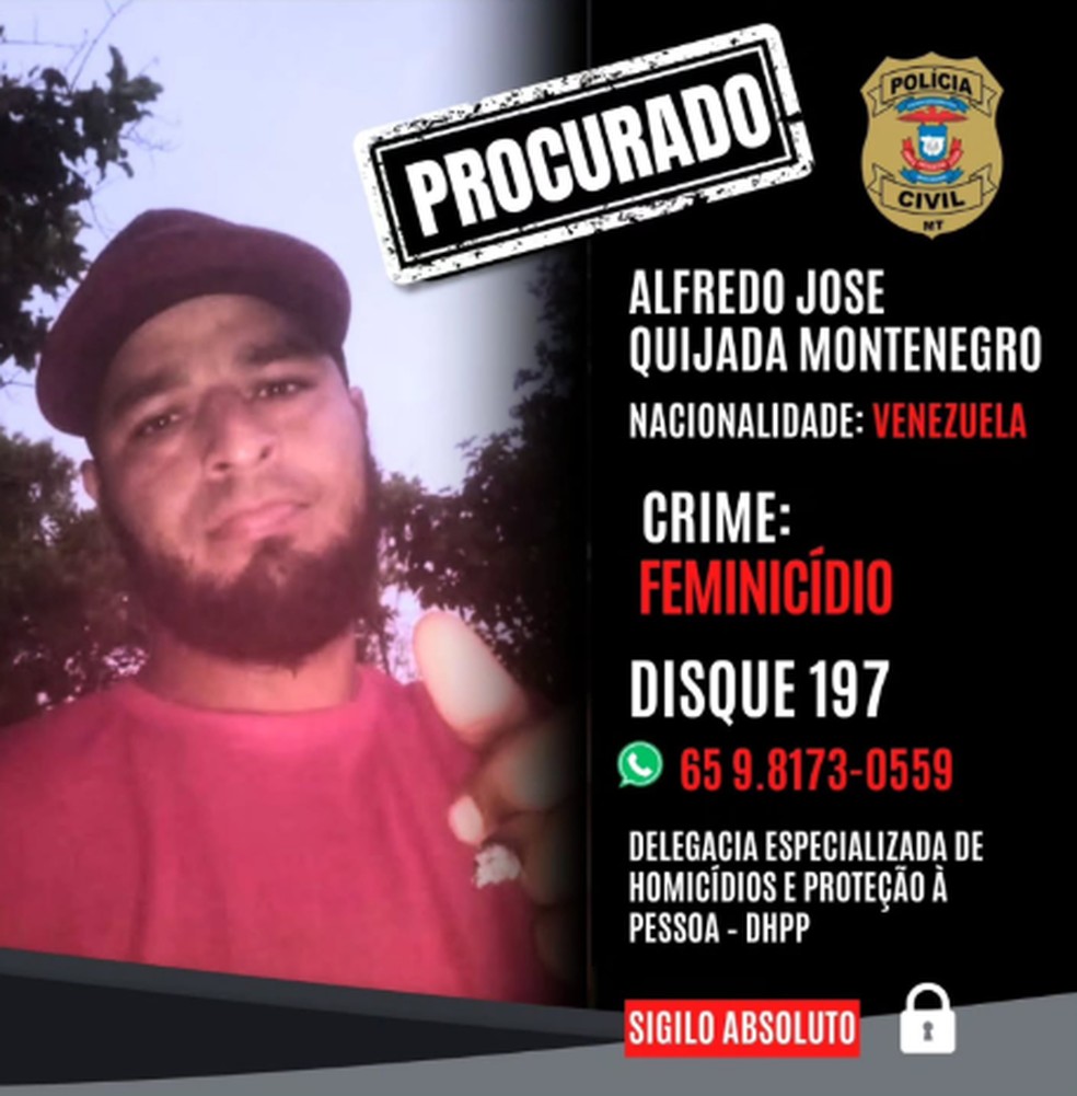 Alfredo José Quijada Montenegro, de 31 anos, procurado por feminicídio — Foto: Policia Civl-MT