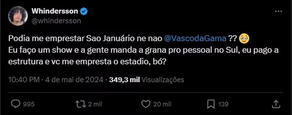 Whindersson Nunes pede a Vasco o Estádio São Januário 'emprestado' para fazer apresentação beneficente. — Foto: Reprodução/ X