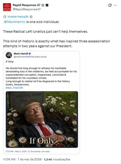 Casa Branca chama Mark Hamill de ‘doente’ após ator publicar imagem de Trump em túmulo; artista apagou postagem e se desculpou  
