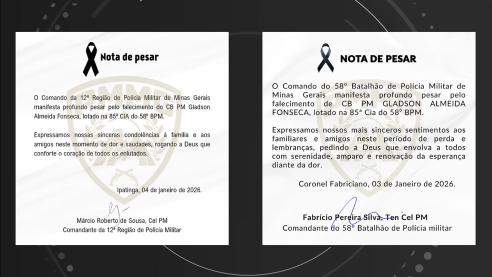 Comandos do 58º Batalhão e 12ª Região da Polícia Militar publicaram nota de pesar. — Foto: Reprodução