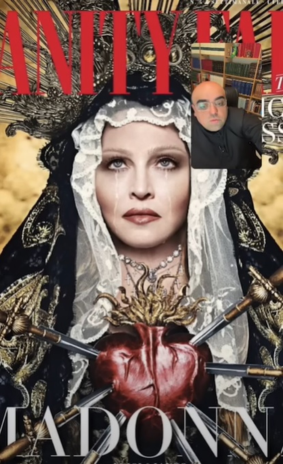 Padre Jos Eduardo analisa capa da revista Vanitty Fair, dos EUA, com a cantora Madonna vestida de Nossa Senhora das Dores.  Foto: Reproduo/Youtube