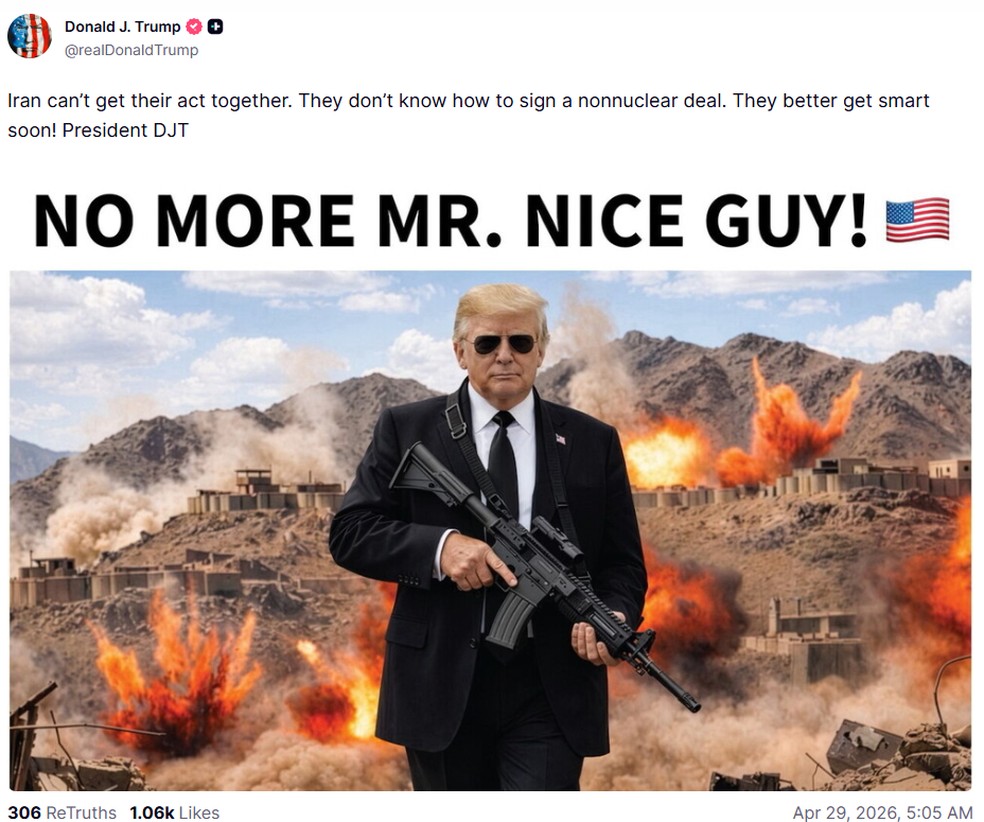Presidente dos EUA, Donald Trump, ameaça Irã com montagem de explosões em publicação na rede social em 29 de abril de 2026. — Foto: Reprodução/Donald Trump no Truth Social