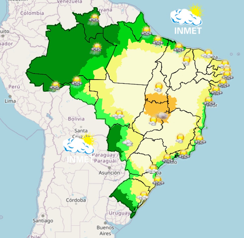 Mapa mostra previsão de chuva para esta segunda (01) em todo o Brasil. — Foto: Inmet/Reprodução