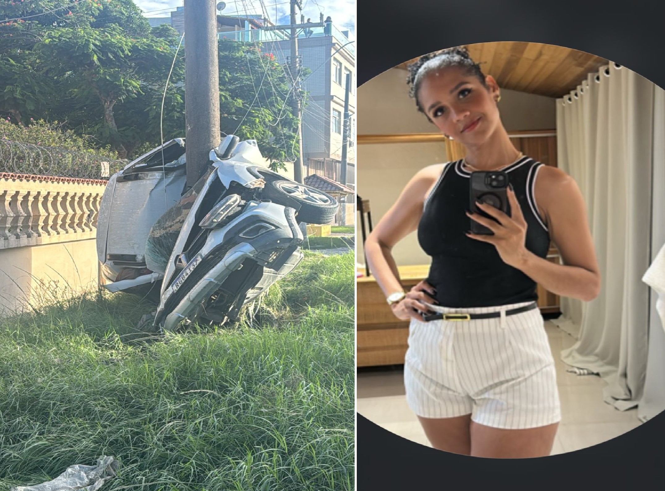 Mulher morre em acidente de carro que ficou dobrado ao meio ao atingir poste em rodovia do RJ