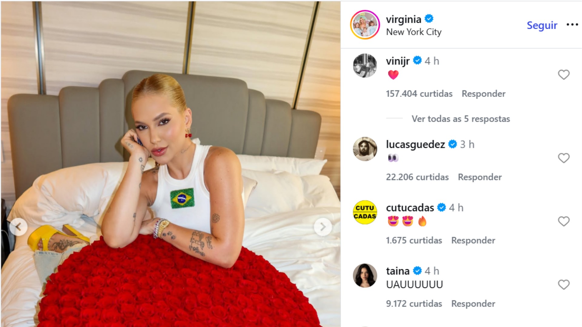No dia dos namorados, Vini Jr. comenta com coração em post de Virginia com buquê