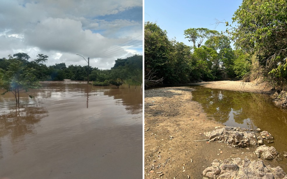 Rio Peixe próximo a estação de tratamento antes da seca e outra parte do rio durante a seca, em Faina — Foto: Arquivo pessoal/Paulinho Vieira