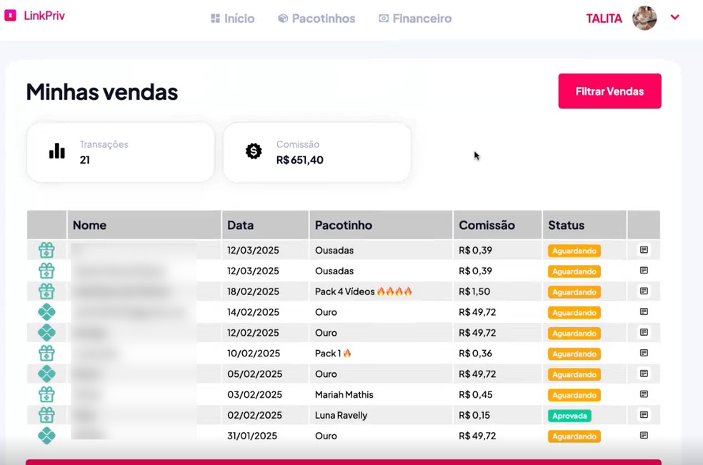 Elaine já faturou R$ 651,40 em apenas uma plataforma com sua 'garota do job', chamada Talita.  — Foto: Reprodução