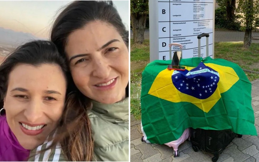 Jeanne Paollini e Ktyna Baa e as malas recuperadas, na Alemanha — Foto: Reproduo/Redes Sociais e Arquivo pessoal/Luna Provzio