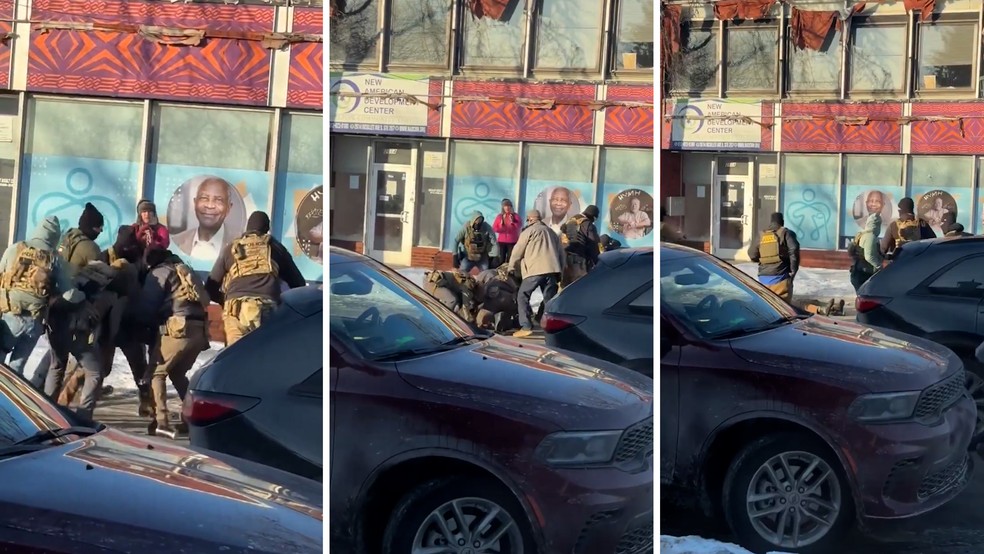 Imagem de vídeo de testemunha de ação que terminou com um homem baleado e morto por agentes de imigração em Minneapolis, nos EUA. — Foto: Reprodução