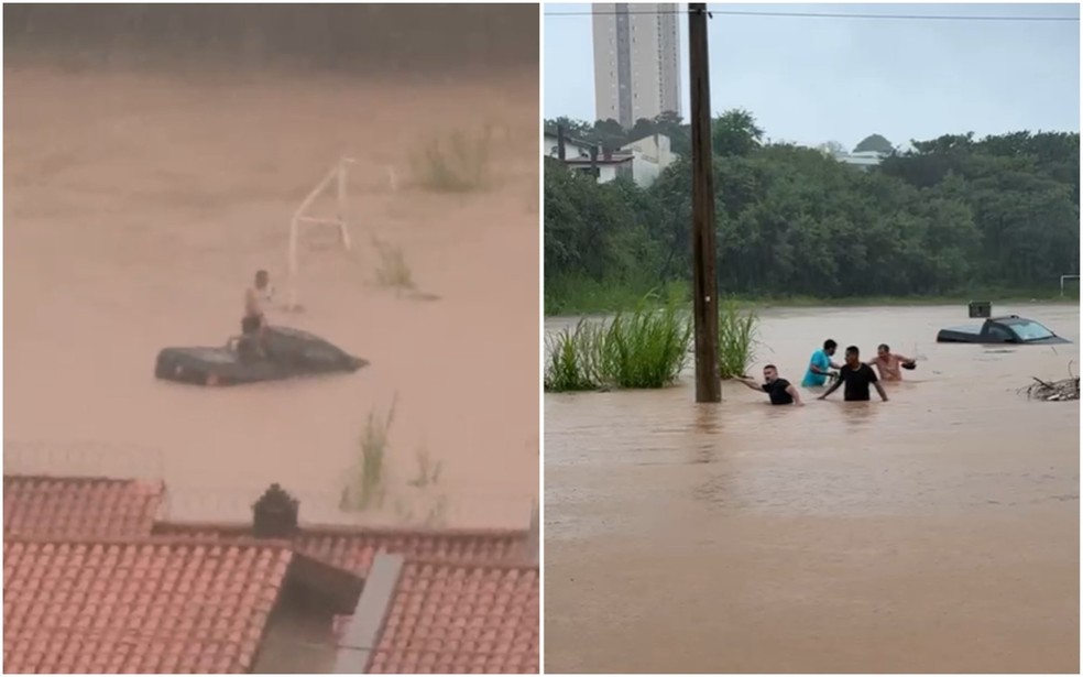 Moradores resgatam homem que ficou ilhado na Avenida Londres, no Jardim Europa, em Sorocaba (SP) — Foto: Renan de Castro/Arquivo Pessoal