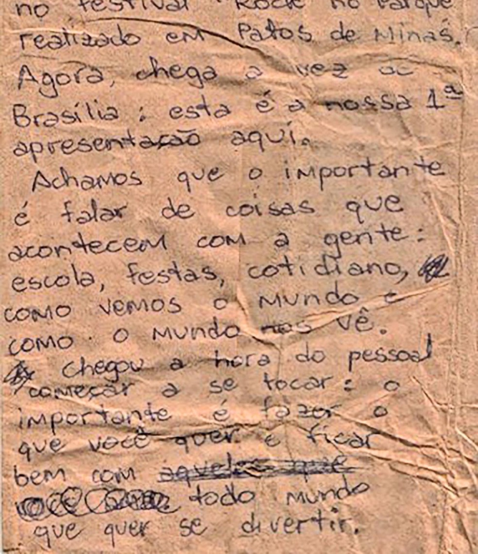Manuscrito Legião Urbana Renato Russo — Foto: Marcelo Bonfá/Redes Sociais