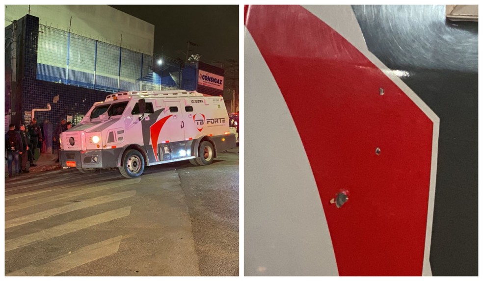 Carro-forte é alvo de criminosos em Osasco, na Grande SP — Foto: Abraão Cruz/TV Globo