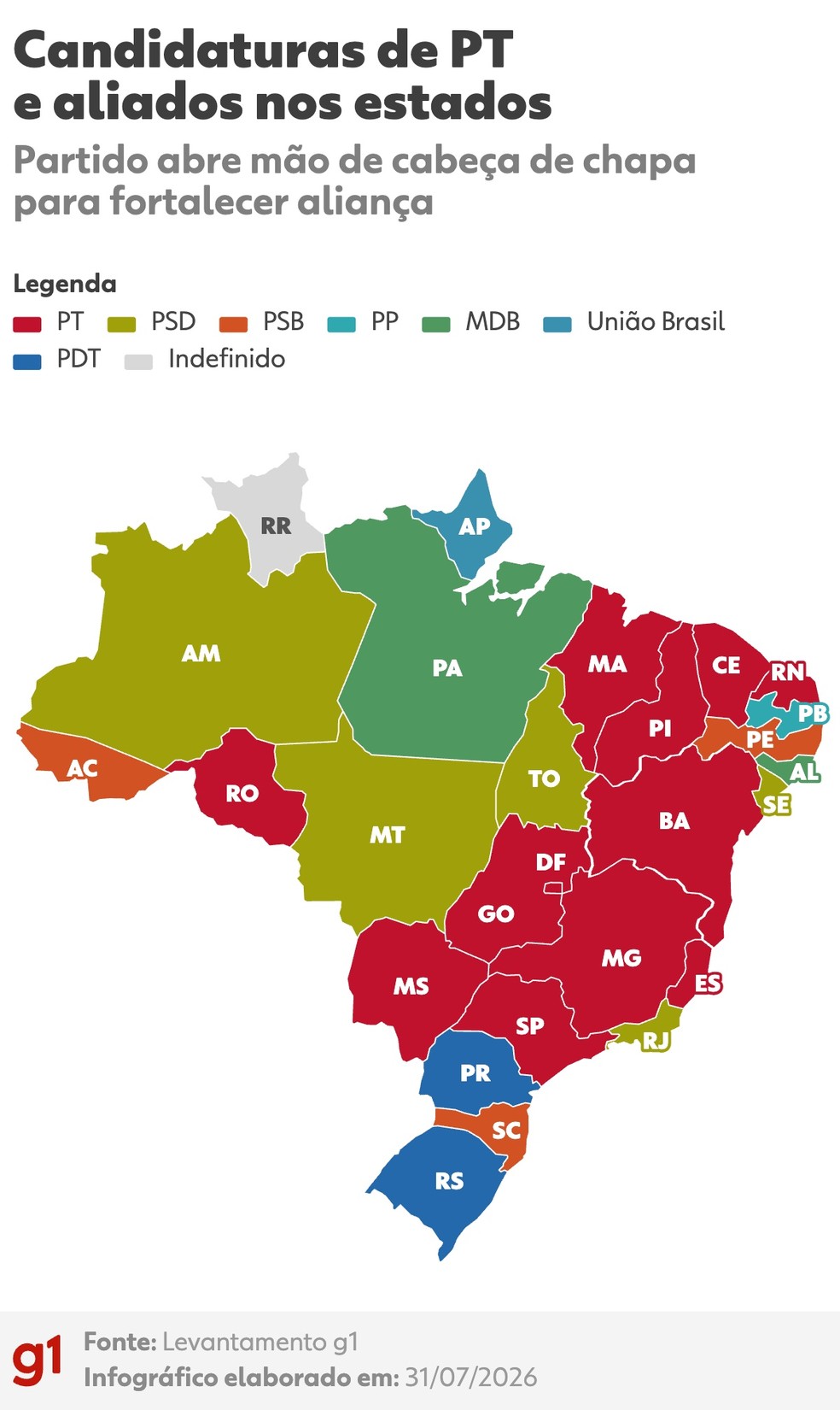 Candidaturas de PT e aliados nos estados. � Foto: Arte/g1