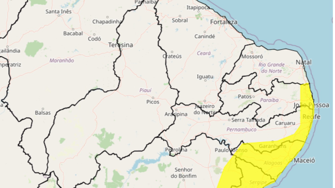 'Alerta amarelo': Inmet renova aviso de acumulado de chuvas com perigo potencial para 35 municípios no interior de PE