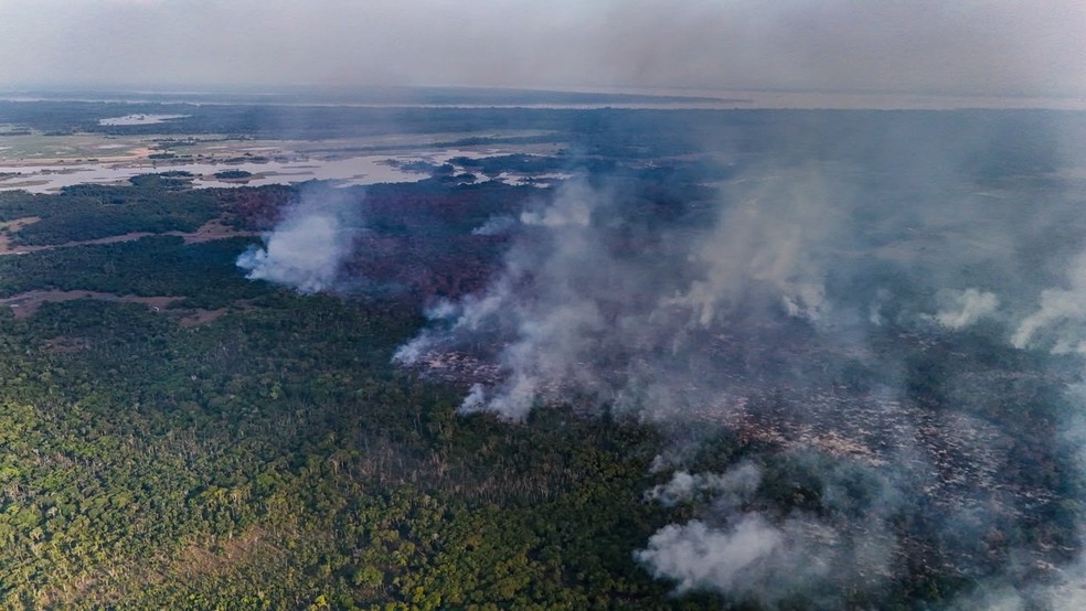 Fogo se espalha pela área de mata do Lago do Canaçari, em Itacoatiara — Foto: Liam Cavalcante/Rede Amazônica