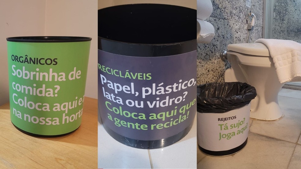 Residuários para orgânicos, recicláveis e rejeitos colocados no LikeÜ Hotel. — Foto: Fernanda Bastos/g1