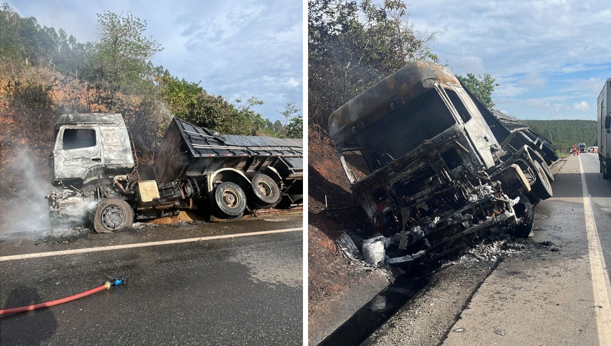 Carreta com 30 toneladas de café tomba e pega fogo na BR-381