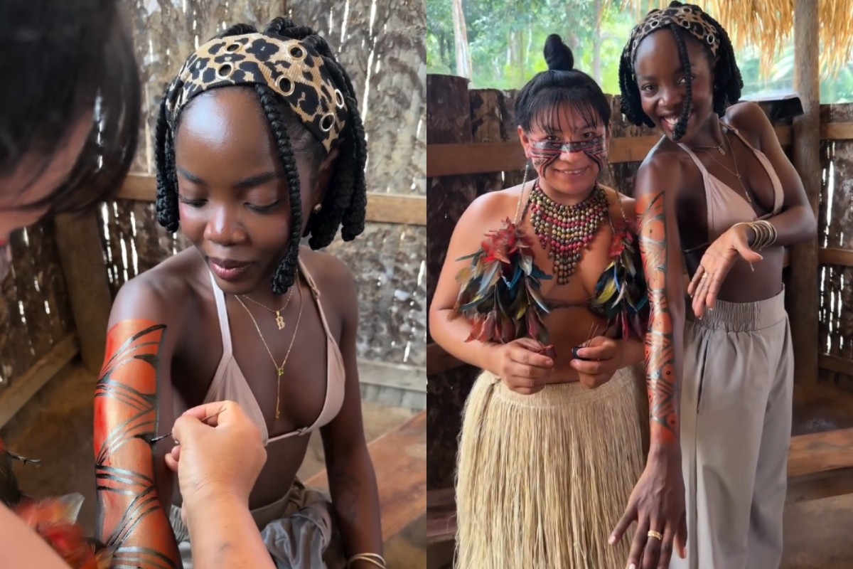 Atriz Clara Moneke visita aldeia indígena em Manaus, nada com botos e exalta cultura local: 'a base do nosso país'
