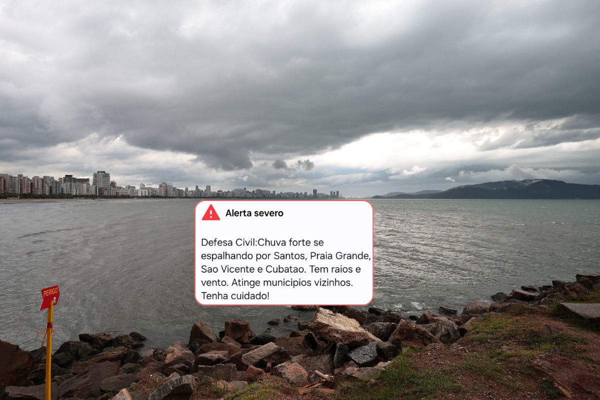 Defesa Civil dispara alerta severo de chuva forte, raios e ventania para Santos, Praia Grande, São Vicente e Cubatão