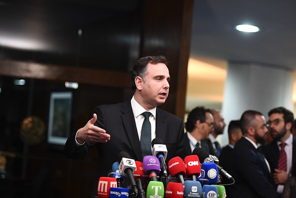 Presidente do Senado, Rodrigo Pacheco (PSD-MG), em entrevista coletiva. — Foto: Roque de Sá/Agência Senado