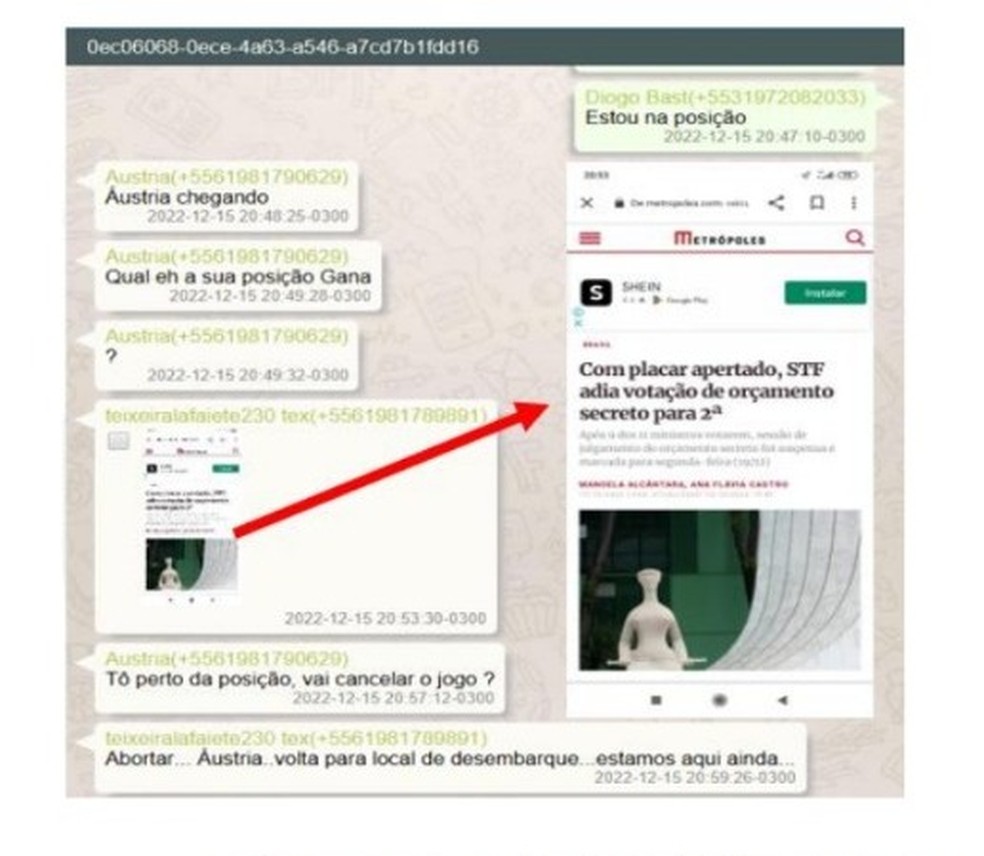 Print da troca de mensagens entre os golpistas que estavam na rua para capturar Moraes — Foto: Reprodução