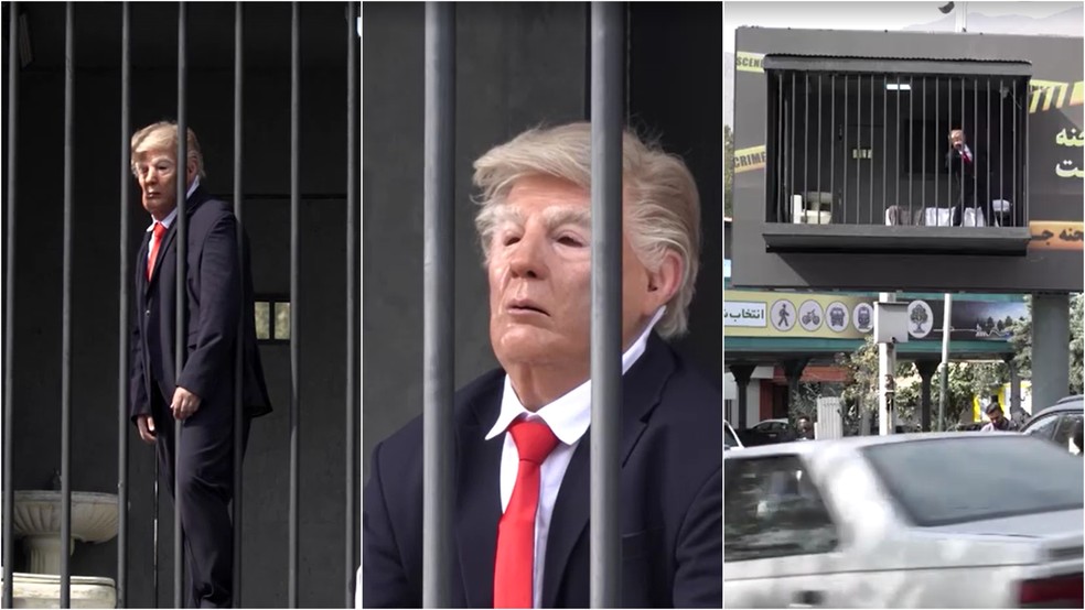 Instalação artística no Irã mostra Trump atrás das grades — Foto: Reprodução: Reuters
