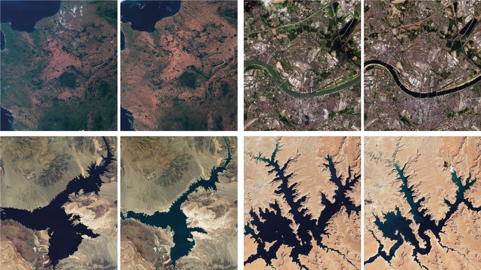 Imagem mostra antes e depois da seca ao redor do mundo em 2022. Da esquerda para a direita, de cima para baixo: Território francês, Rio Reno, Alemanha, Lago Mead e Lago Powell, ambos nos EUA. — Foto: Copernicus/ESA/Nasa