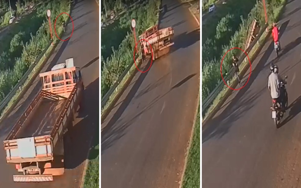 Imagens mostram o momento em que caminhão quase atropela corredora em Rio Verde — Foto:  TV Anhanguera / Matheus Albernaz e Nathácia Gomes