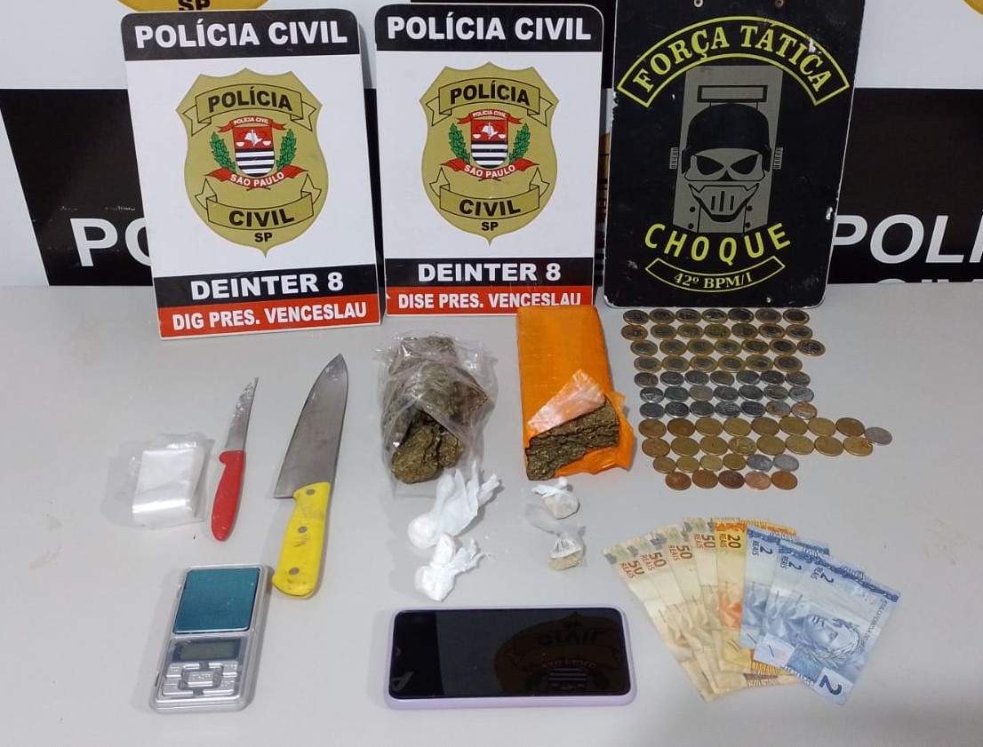 Com porções de maconha, crack e cocaína, homem é preso em flagrante por tráfico de drogas, em Presidente Venceslau