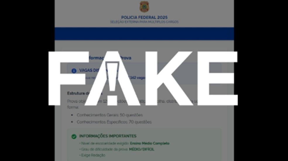 É #FAKE concurso da Polícia Federal com 1142 vagas e taxa de inscrição de R$ 90; trata-se de golpe — Foto: Reprodução