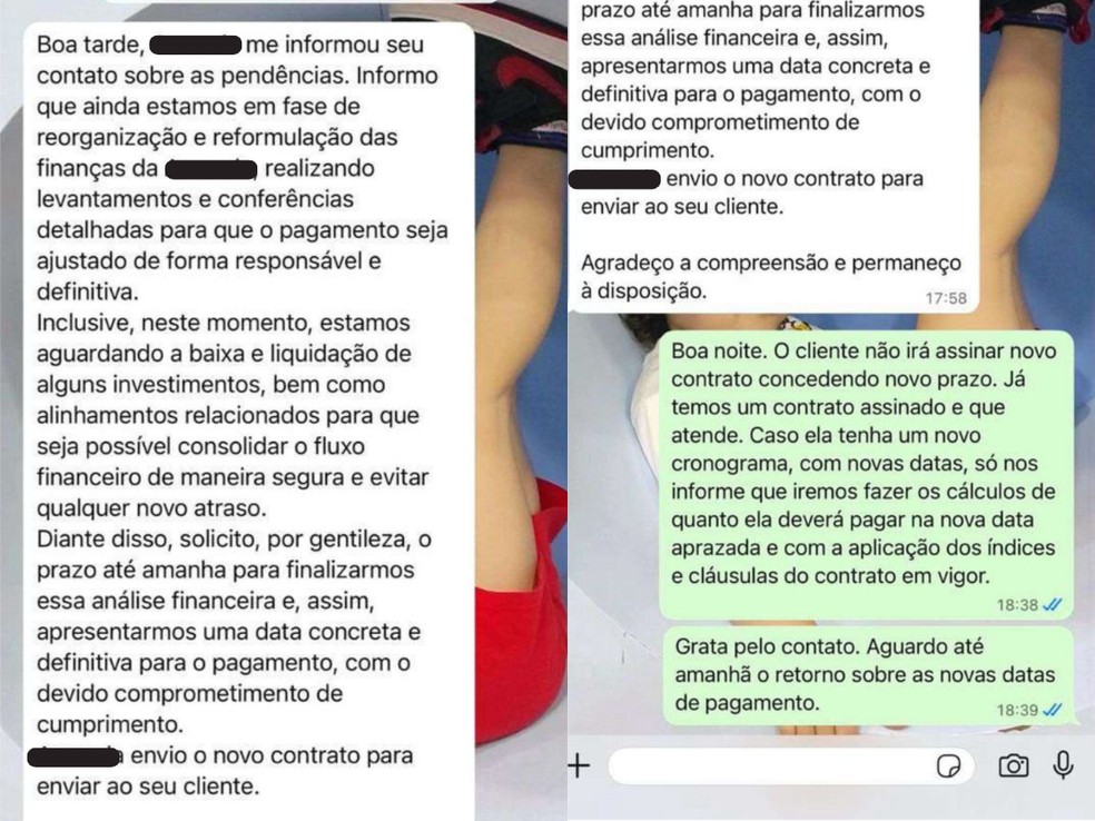 Conversa entre advogada de Rafa Meny e representante da investigada — Foto: Reprodução/acervo pessoal