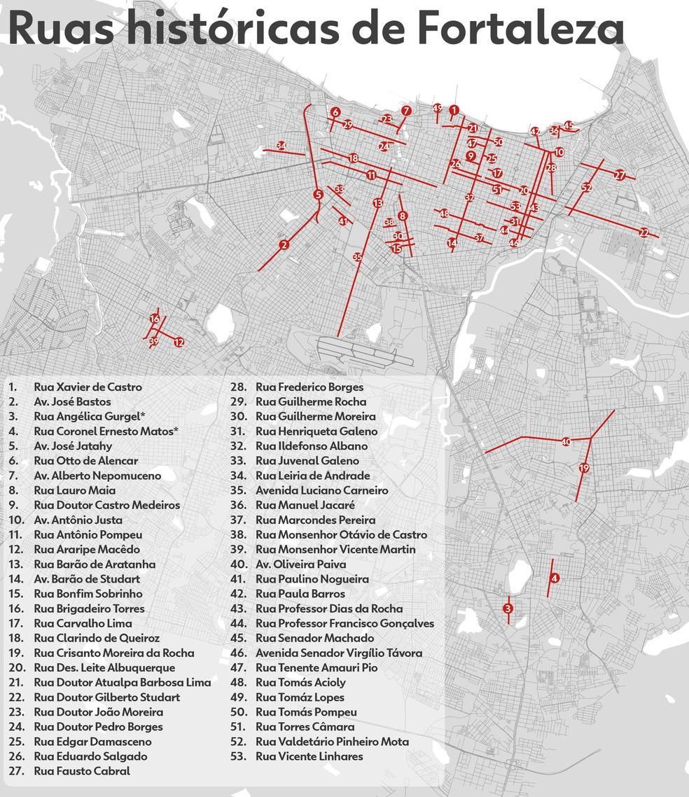 Veja mapa das ruas nomeadas em homenagem a fortalezenses. — Foto: Louise Dutra/SVM