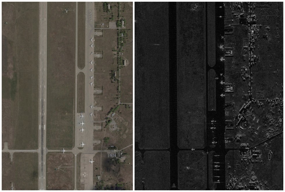 Imagens mostram aviões militares na base de Belaya, na Rússia, uma das atacadas por drones russos, antes e depois do bombardeio, em junho de 2025. — Foto: Planet Labs PBC e Capella Space via Reuters