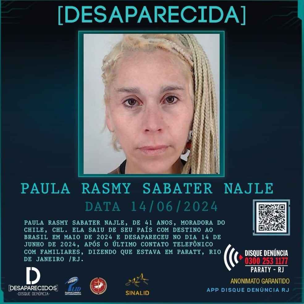 Disque Denúncia divulga cartaz de chilena desaparecida em Paraty — Foto: Reprodução/Disque Denúncia