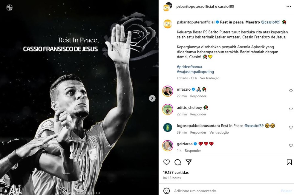 Time de futebol PS Barito Putera, da Tailândia, lamentou a morte do jogador Cássio de Jesus, de São Carlos — Foto: Reprodução/Instagram