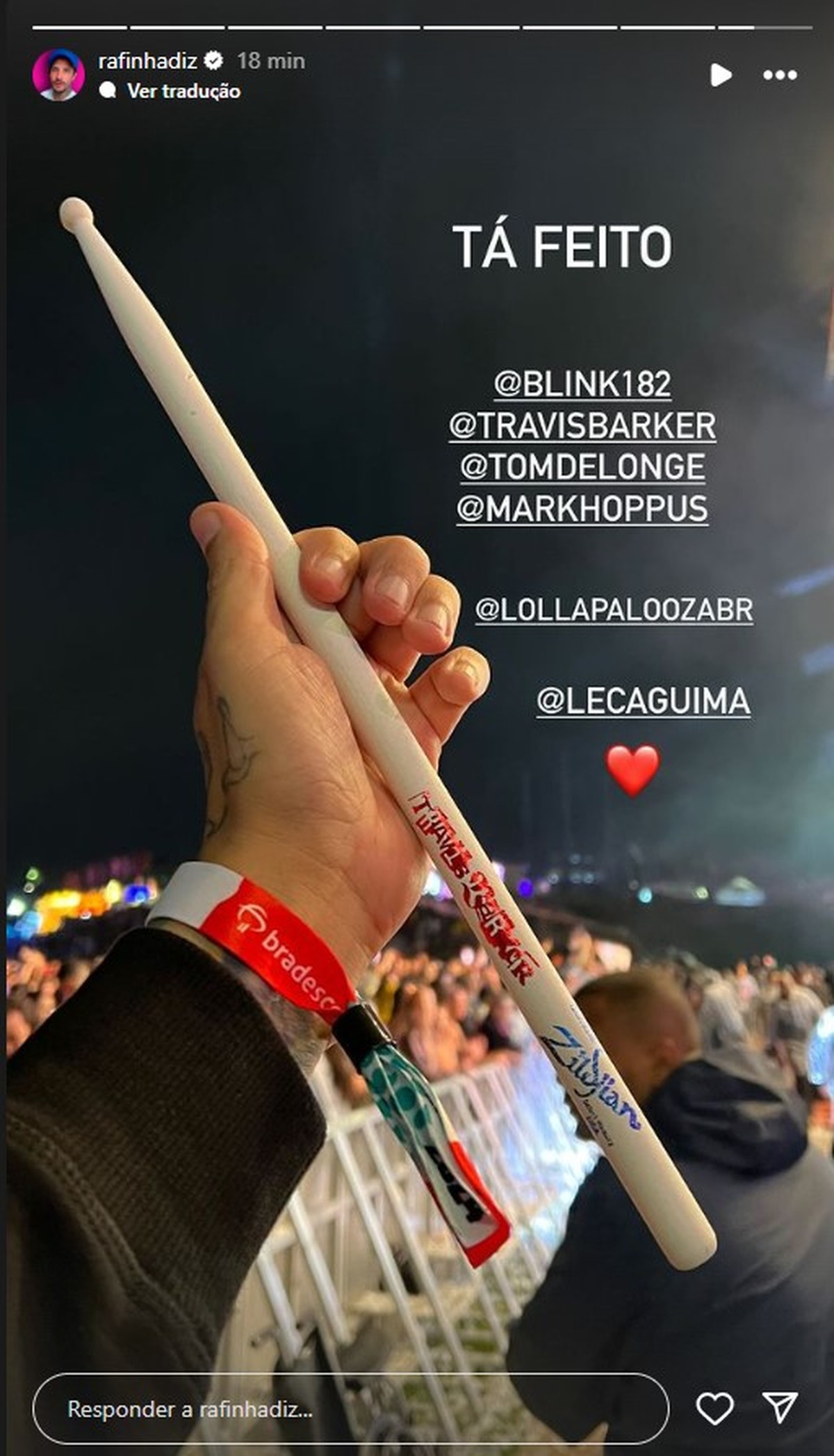 Ex BBB Rafinha picks up the drumstick from Blink-182's Travis Barker, a year after he got a tattoo in honor of the group in Lolla |  Lollapalooza 2024